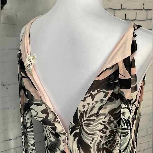 Eliza J Pink Black Floral Print Chiffon Maxi Dress Neck Tie Hidden Zippe… - Picture 10 of 11